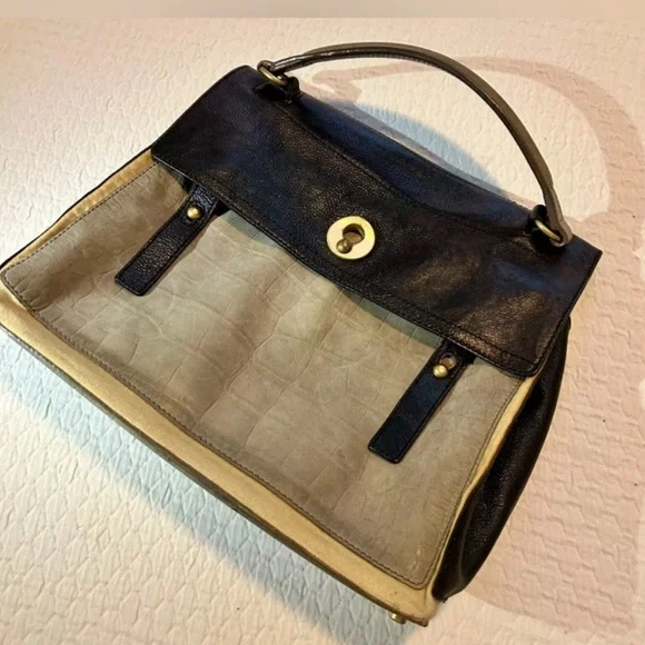 YSL Yves Saint Laurent Muse II Shoulder Bag Black & Tan Canvas Leather Satchel - Picture 2 of 13